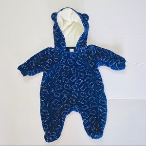 Nordstrom Baby Footed Quilted Navy Bear Print Velour Hooded Bunting Suit Size 3